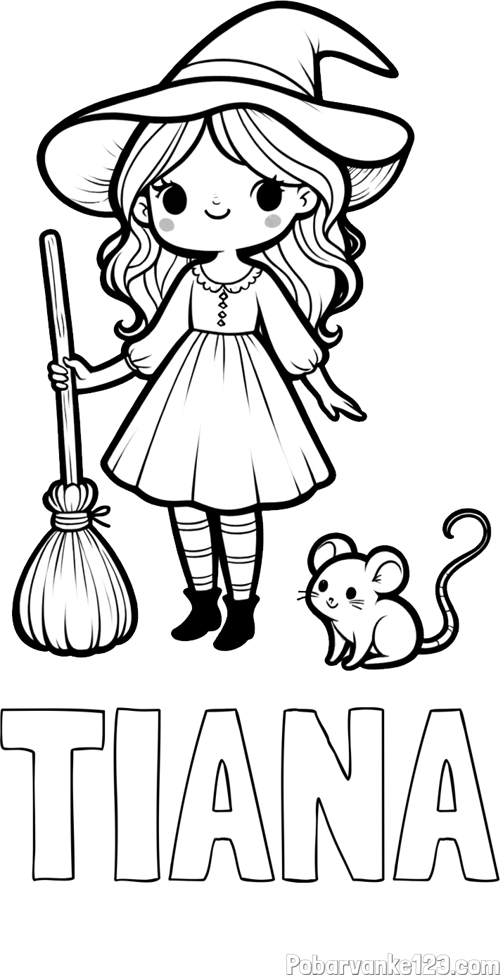 Pobarvanka imena TIANA in pobarvanka čarovnice z metlo in miško