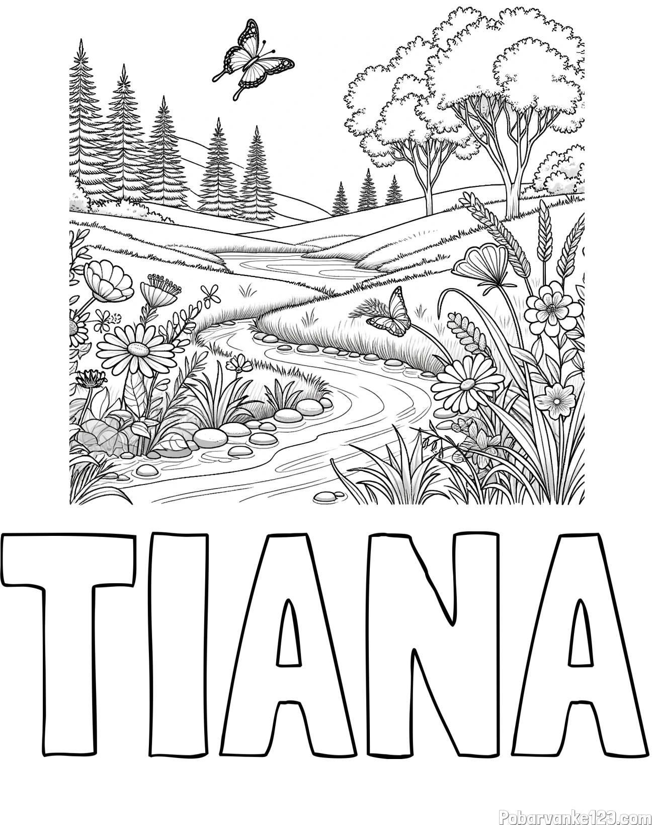 Pobarvanka imena TIANA in pobarvanka cvetoče narave