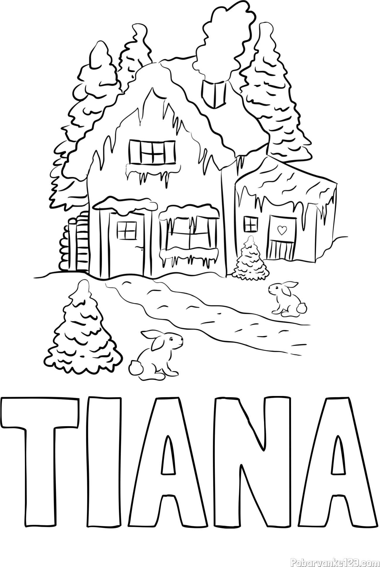Pobarvanka imena TIANA in pobarvanka zasnežene hiše