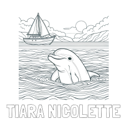 Online izdelana pobarvanka - Pobarvanka imena TIARA NICOLETTE in pobarvanka delfina v morju ter jadrnice