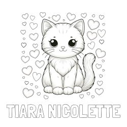 Online izdelana pobarvanka - Pobarvanka imena TIARA NICOLETTE in pobarvanka ljubke mucke obdane s srčki