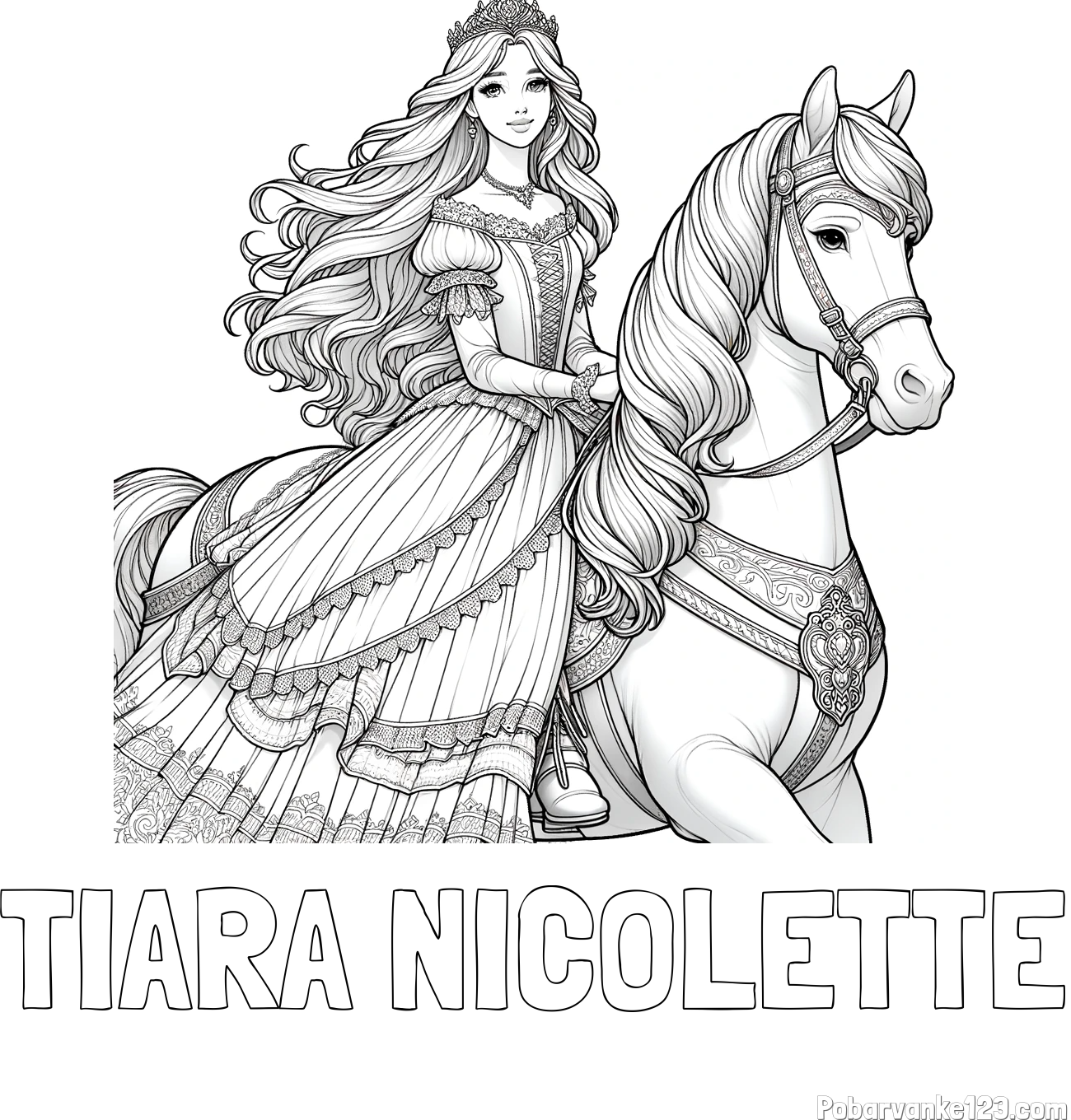 Pobarvanka imena TIARA NICOLETTE in pobarvanka nasmejana princese na konju