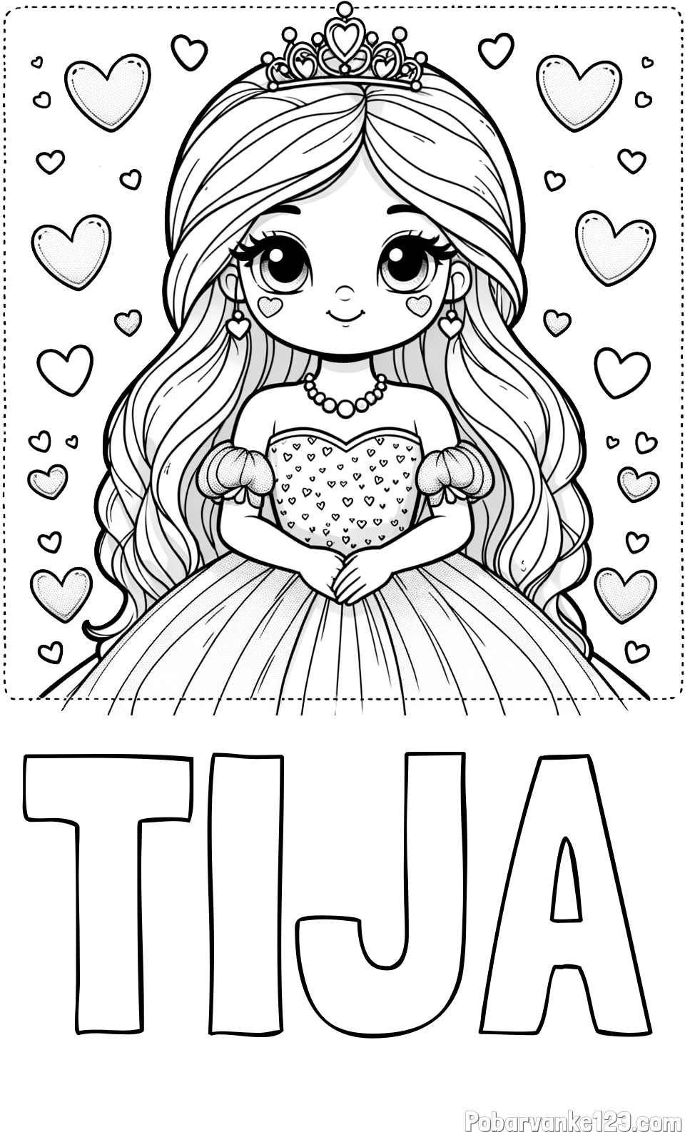 Pobarvanka imena TIJA in pobarvanka ljubke princese obdane s srčki
