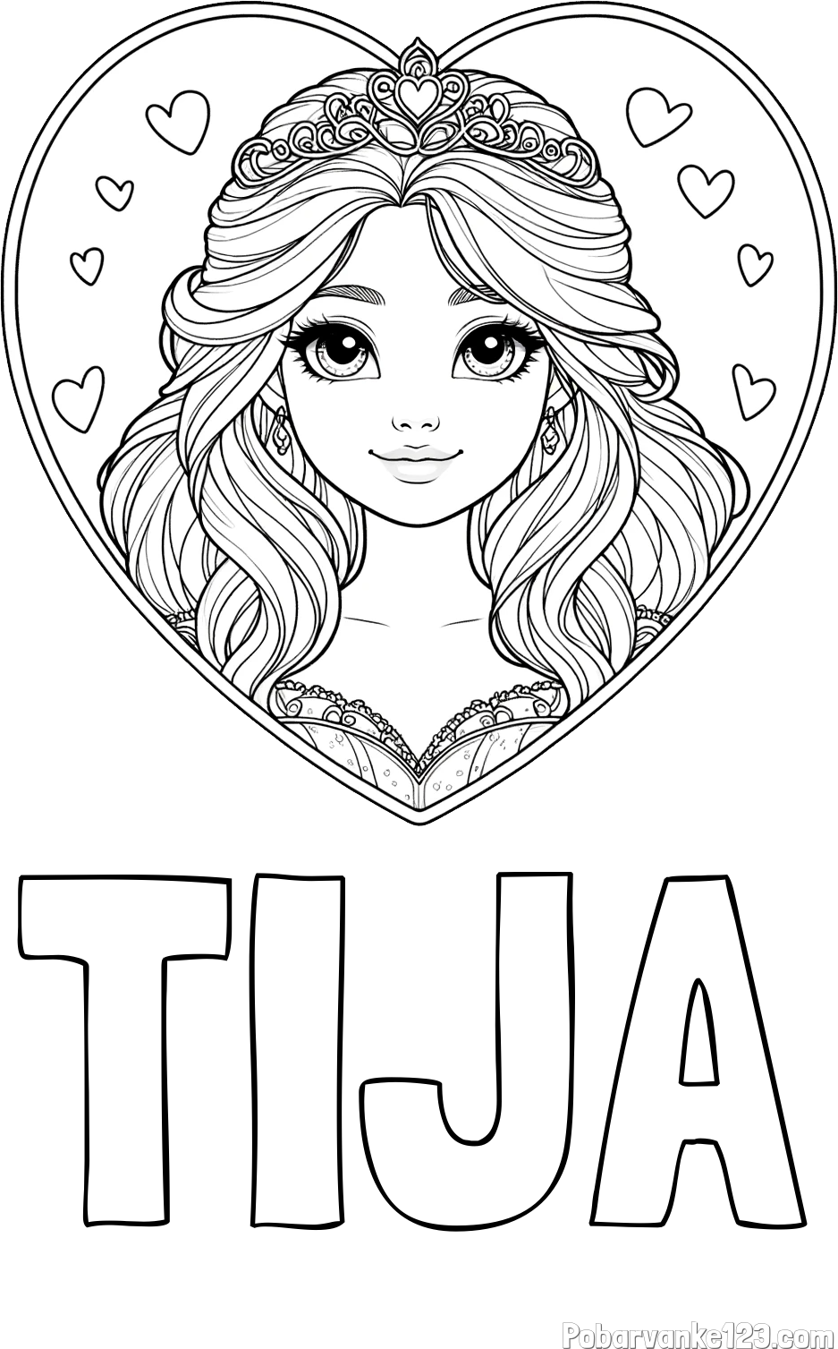 Pobarvanka imena TIJA in pobarvanka princeske ter srčkov