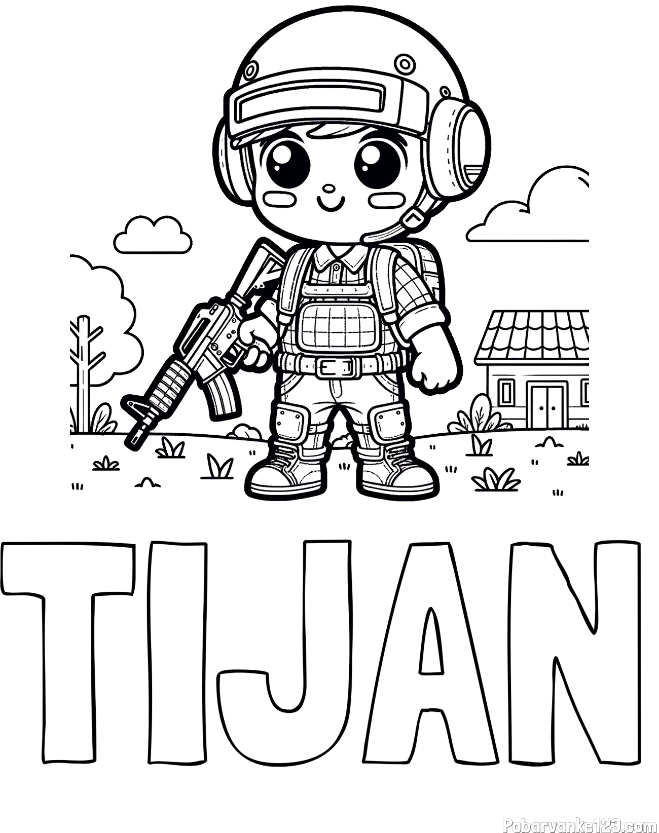 Pobarvanka imena TIJAN in preprosta otroška PUBG pobarvanka