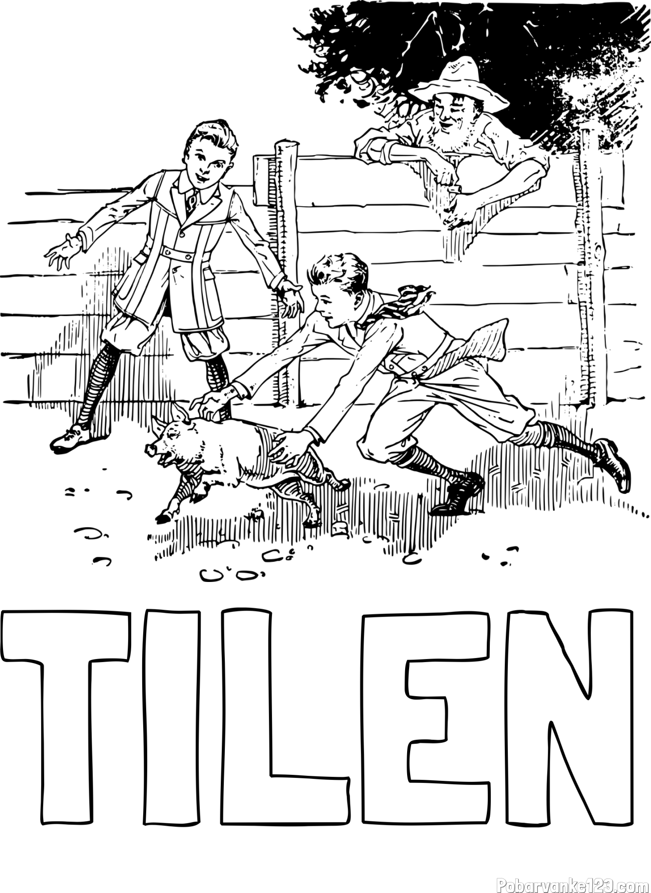 Pobarvanka imena TILEN in pobarvanka dveh dečkov, ki lovita majhnega prašička