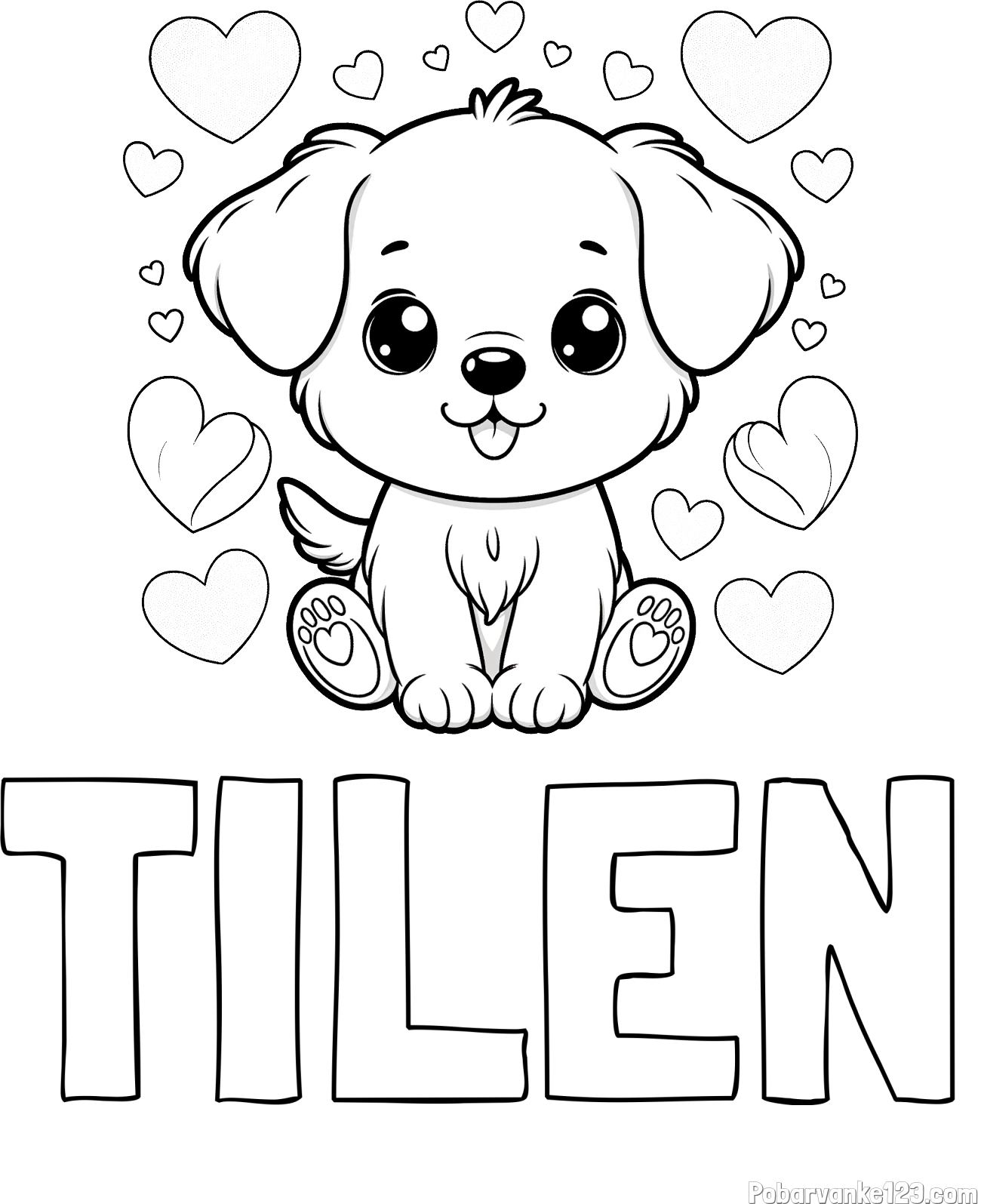 Pobarvanka imena TILEN in pobarvanka ljubkega kužka obdanega s srčki