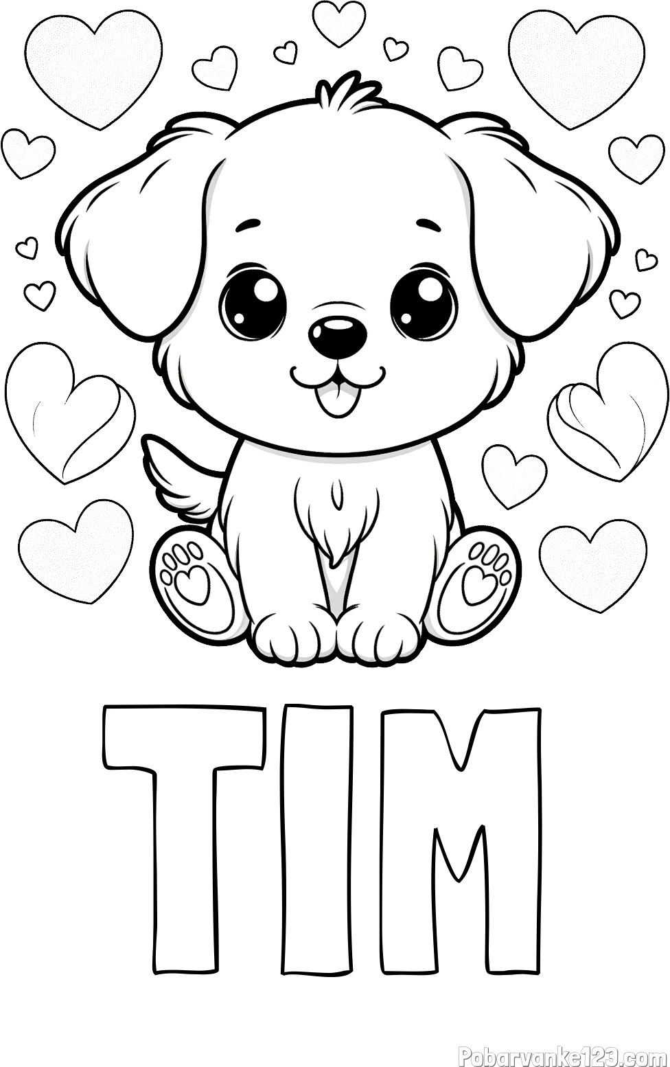 Pobarvanka imena TIM in pobarvanka ljubkega kužka obdanega s srčki