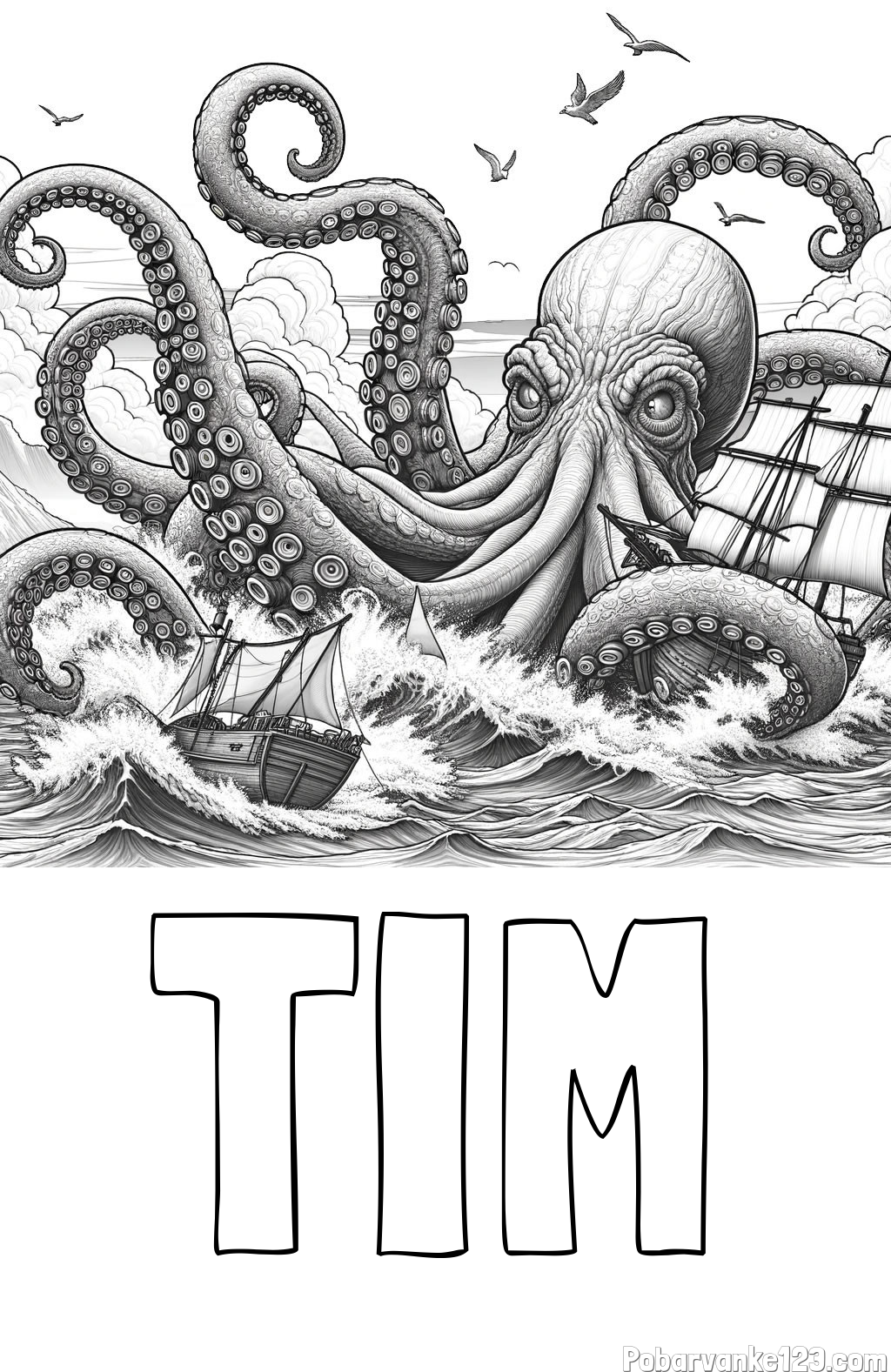 Pobarvanka imena TIM in pobarvanka orjaške hobotnice, ki je napadla veliko gusarsko ladjo