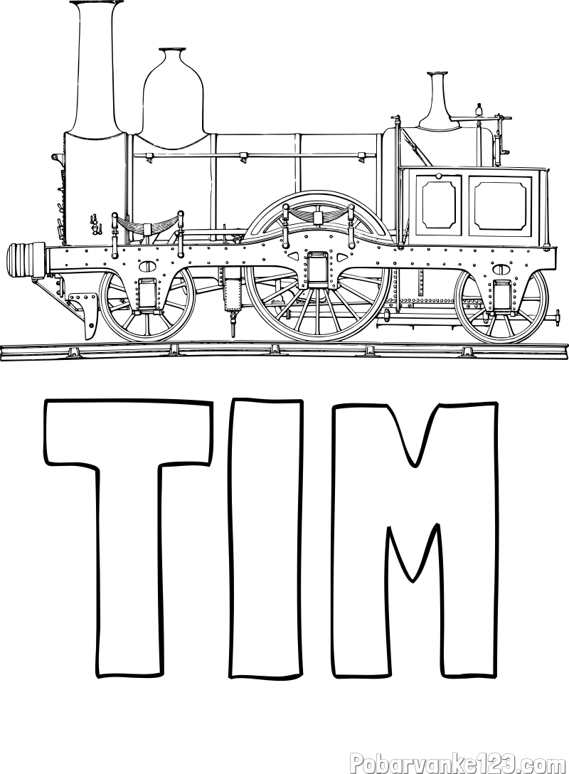 Pobarvanka imena TIM in pobarvanka realistično upodobljene lokomotive