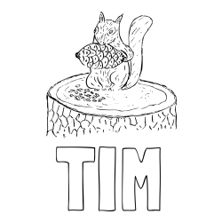 Online izdelana pobarvanka - Pobarvanka imena TIM in pobarvanka veverice, ki je storž