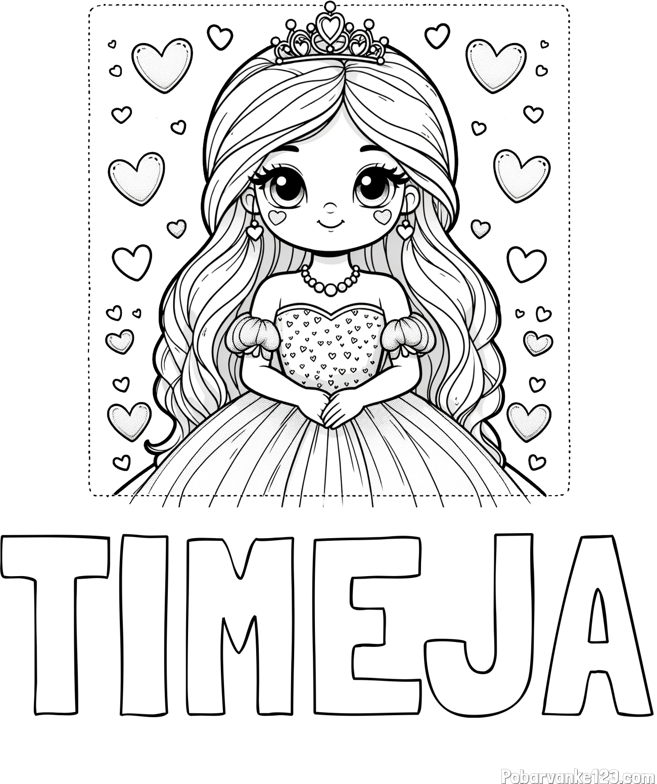 Pobarvanka imena TIMEJA in pobarvanka ljubke princese obdane s srčki