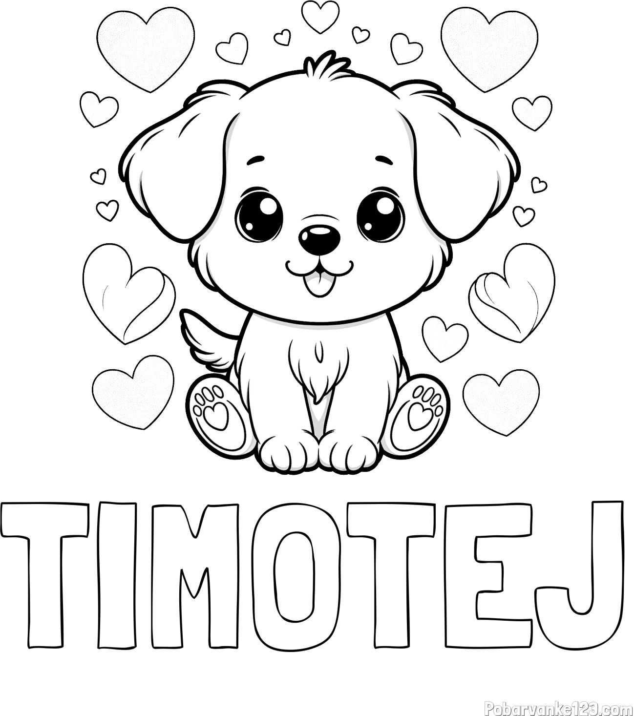 Pobarvanka imena TIMOTEJ in pobarvanka ljubkega kužka obdanega s srčki