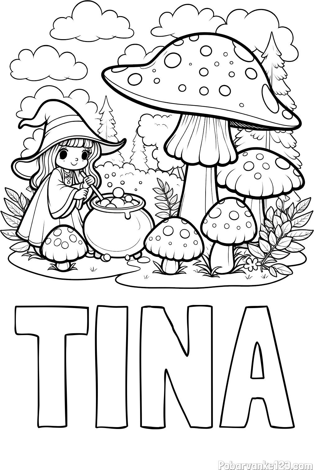 Pobarvanka imena TINA in pobarvanka čarovnice med gobami