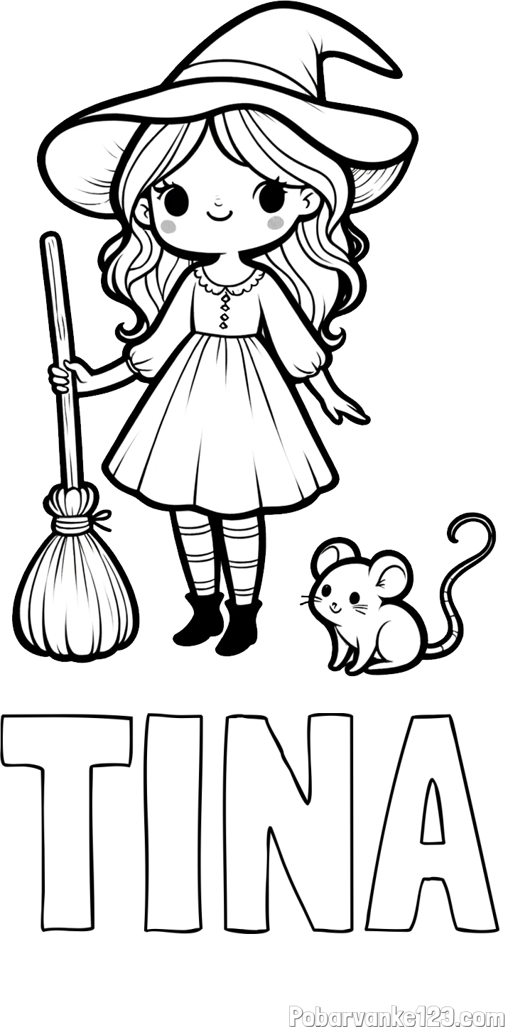 Pobarvanka imena TINA in pobarvanka čarovnice z metlo in miško