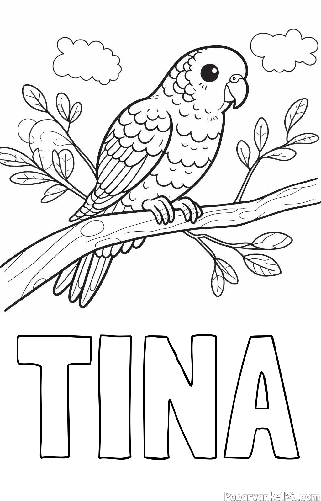 Pobarvanka imena TINA in pobarvanka ljubkega kanarčka na veji