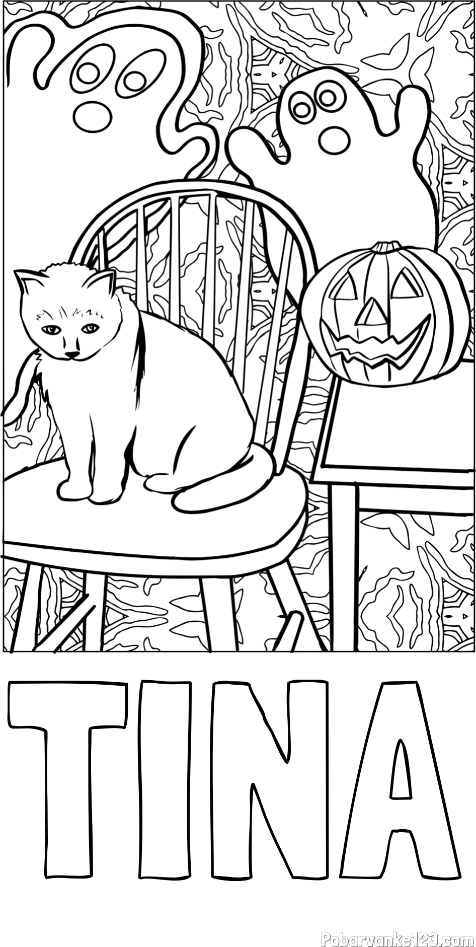 Pobarvanka imena TINA in pobarvanka mačke, duhcev ter velike nasmejane buče za noč čarovnic