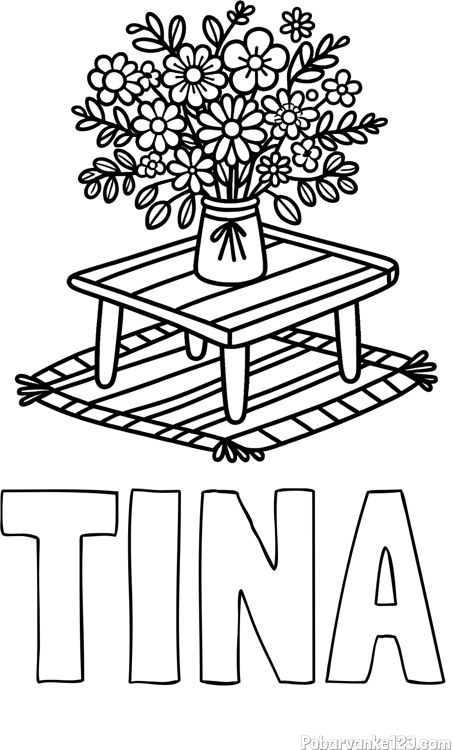 Pobarvanka imena TINA in pobarvanka šopka rož na mizi