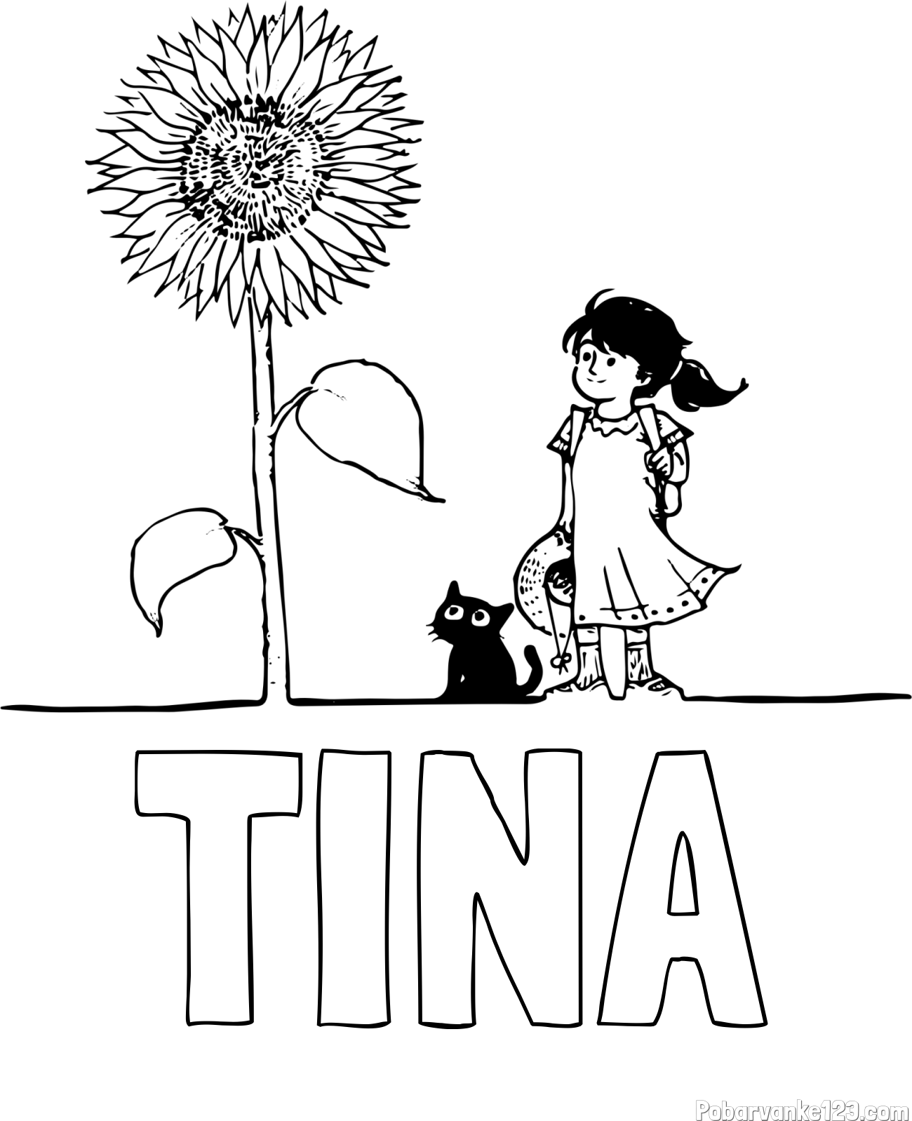 Pobarvanka imena TINA in pobarvanka velike sončnice, deklice in ljubkega mačka