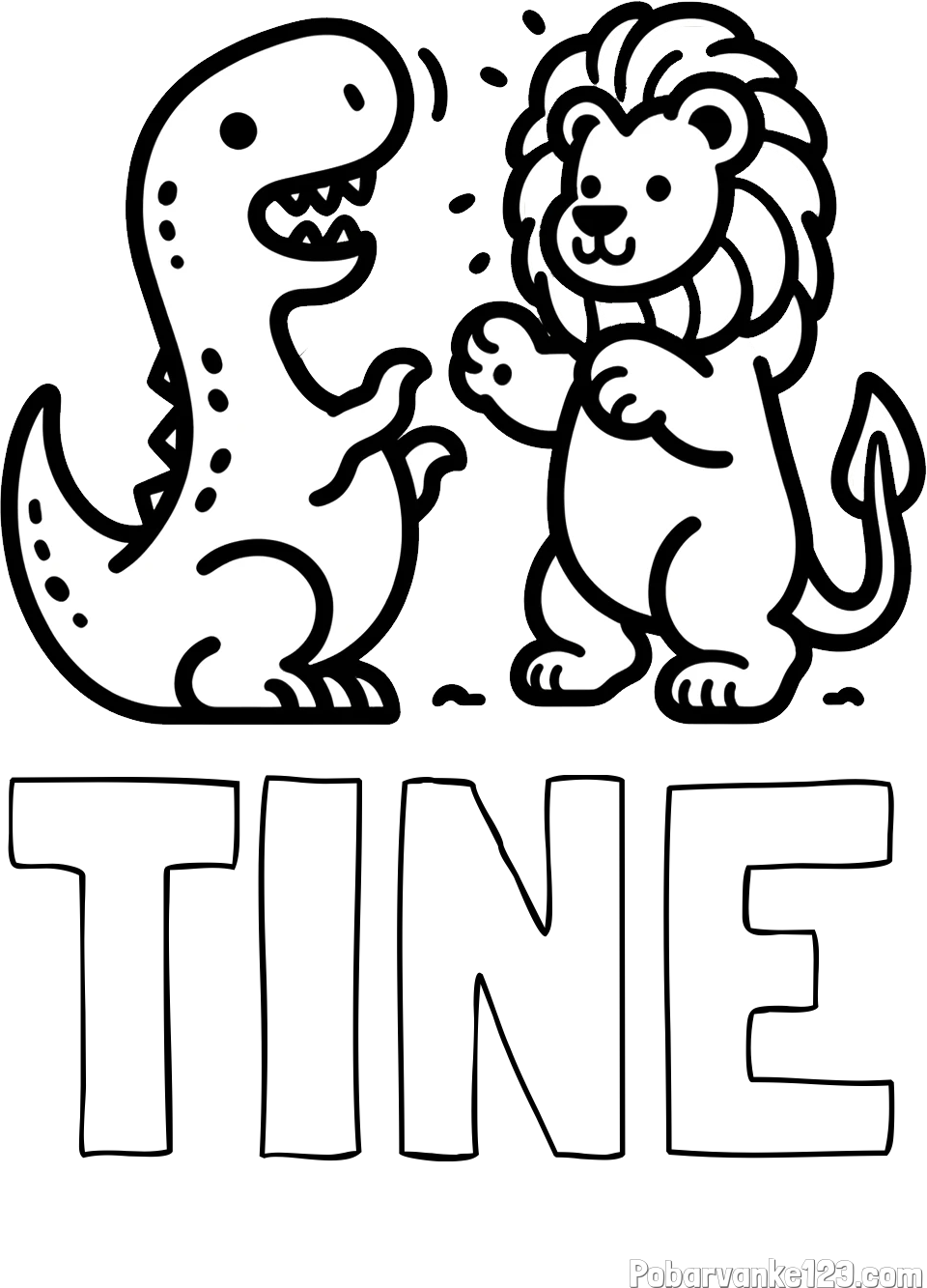 Pobarvanka imena TINE in pobarvanka dinozavra, ki napada leva