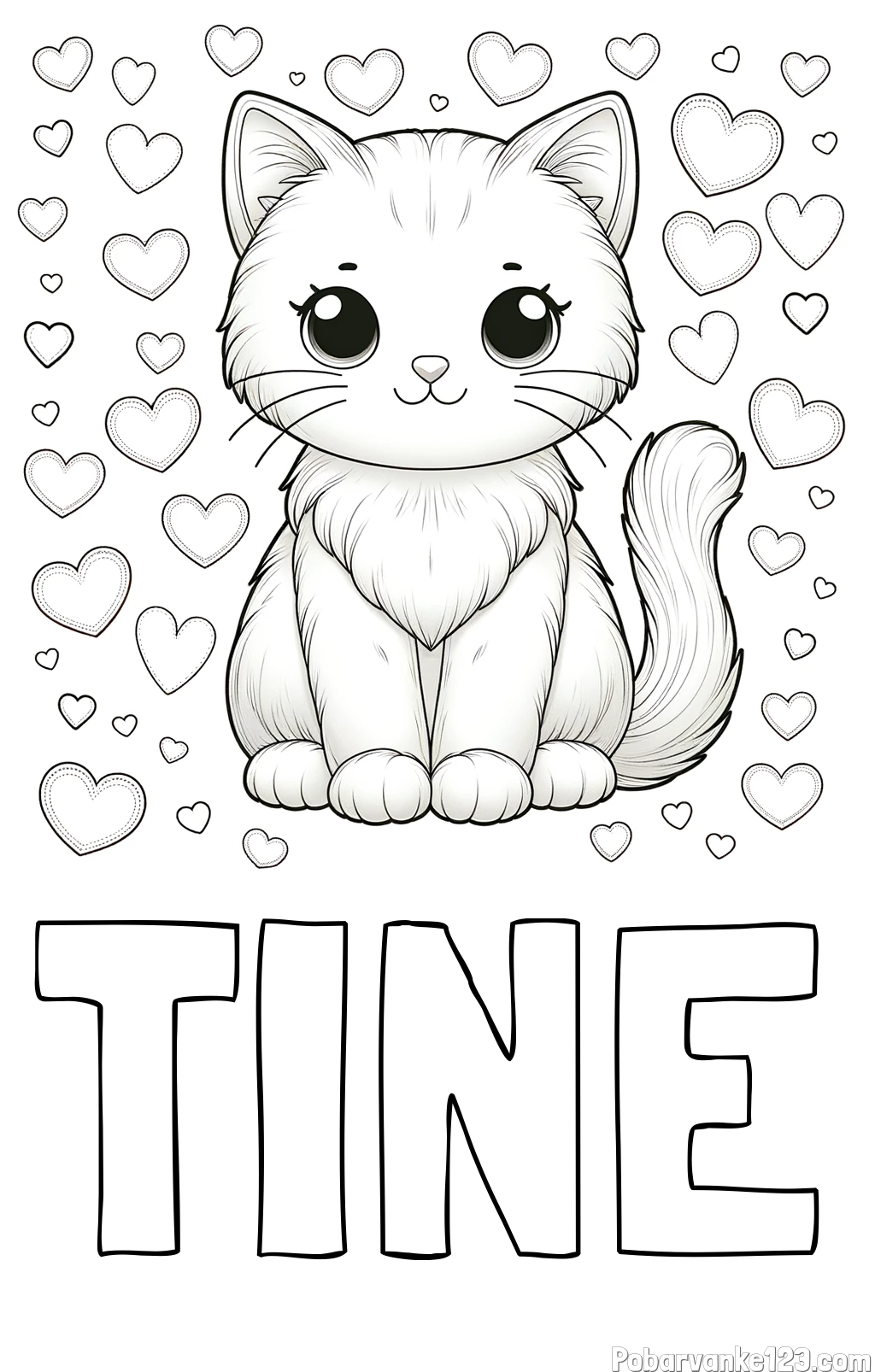 Pobarvanka imena TINE in pobarvanka ljubke mucke obdane s srčki