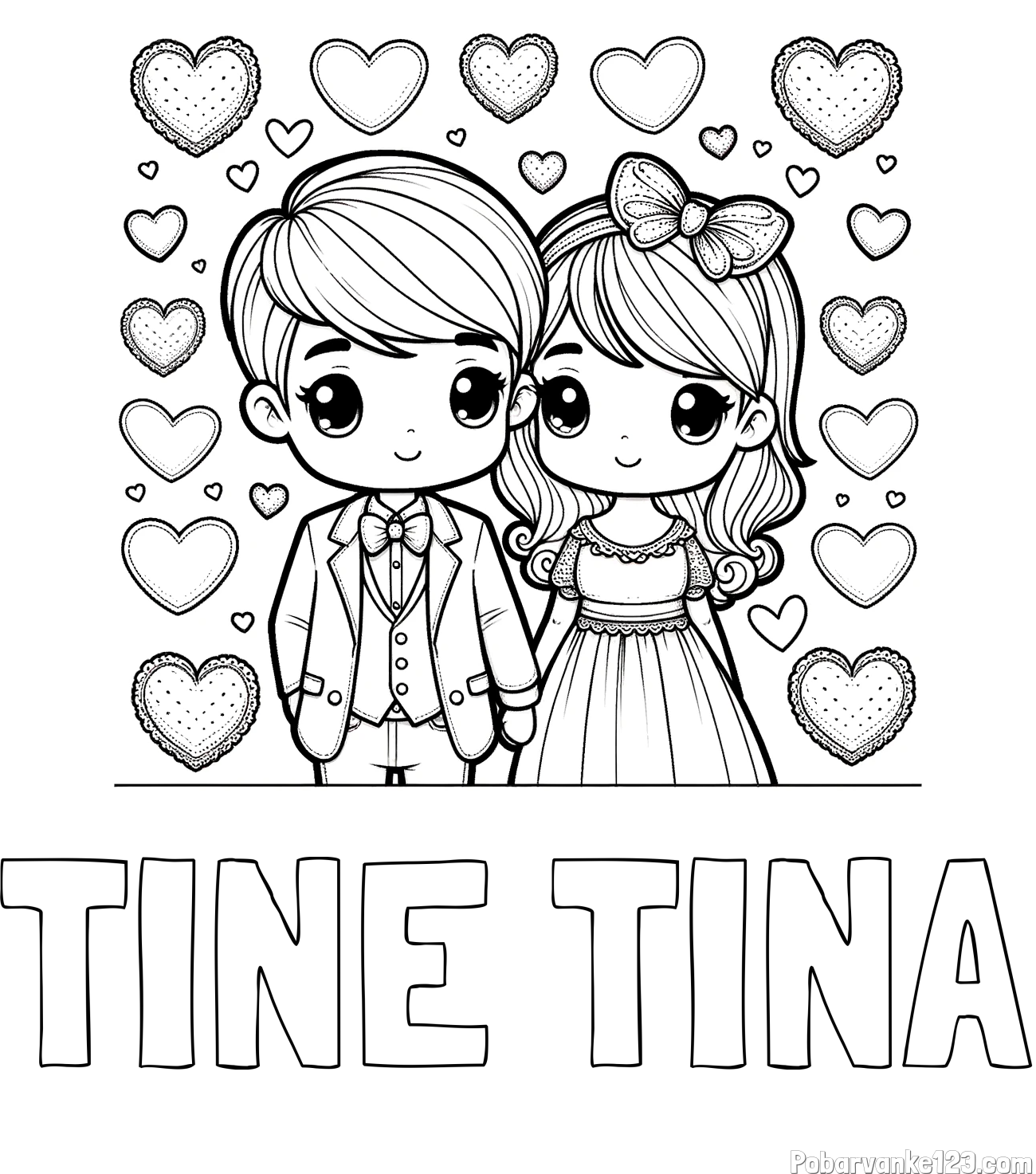 Pobarvanka imena TINE TINA in pobarvanka dveh zaljubljencev s srčki