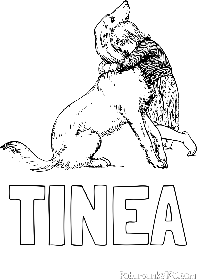 Pobarvanka imena TINEA in pobarvanka prikupnega kužka, ki ga objema mala deklica