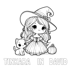 Online izdelana pobarvanka - Pobarvanka imena TINKARA    IN   DAVID in pobarvanka ljubke čarovnice, muce in buče