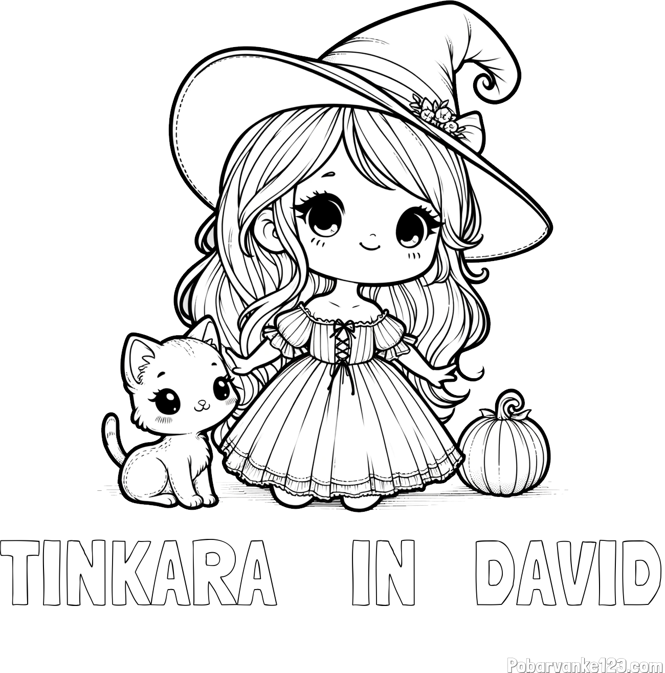 Pobarvanka imena TINKARA    IN   DAVID in pobarvanka ljubke čarovnice, muce in buče