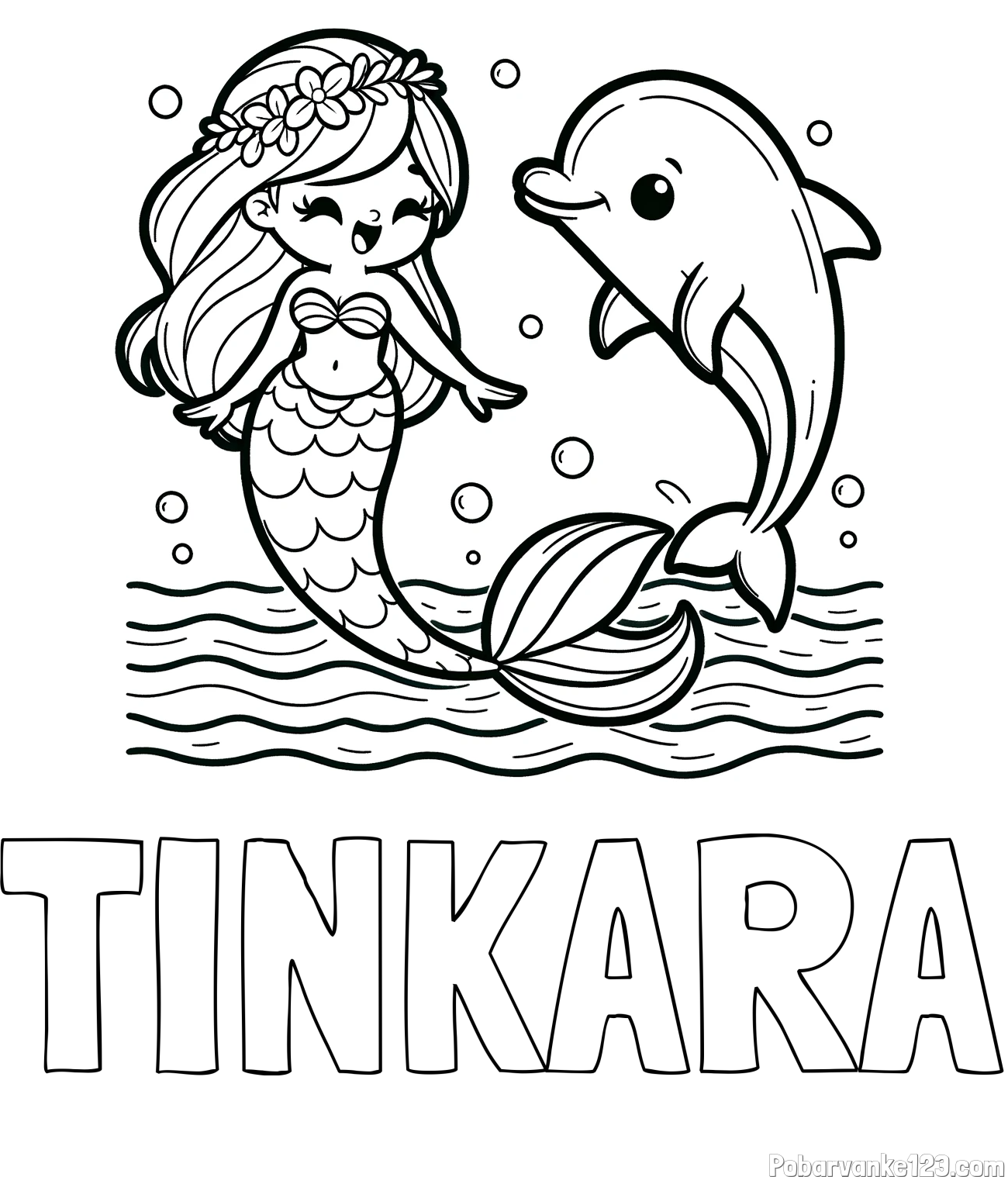 Pobarvanka imena TINKARA in pobarvanka ljubke morske deklice, ki pleše z delfinom