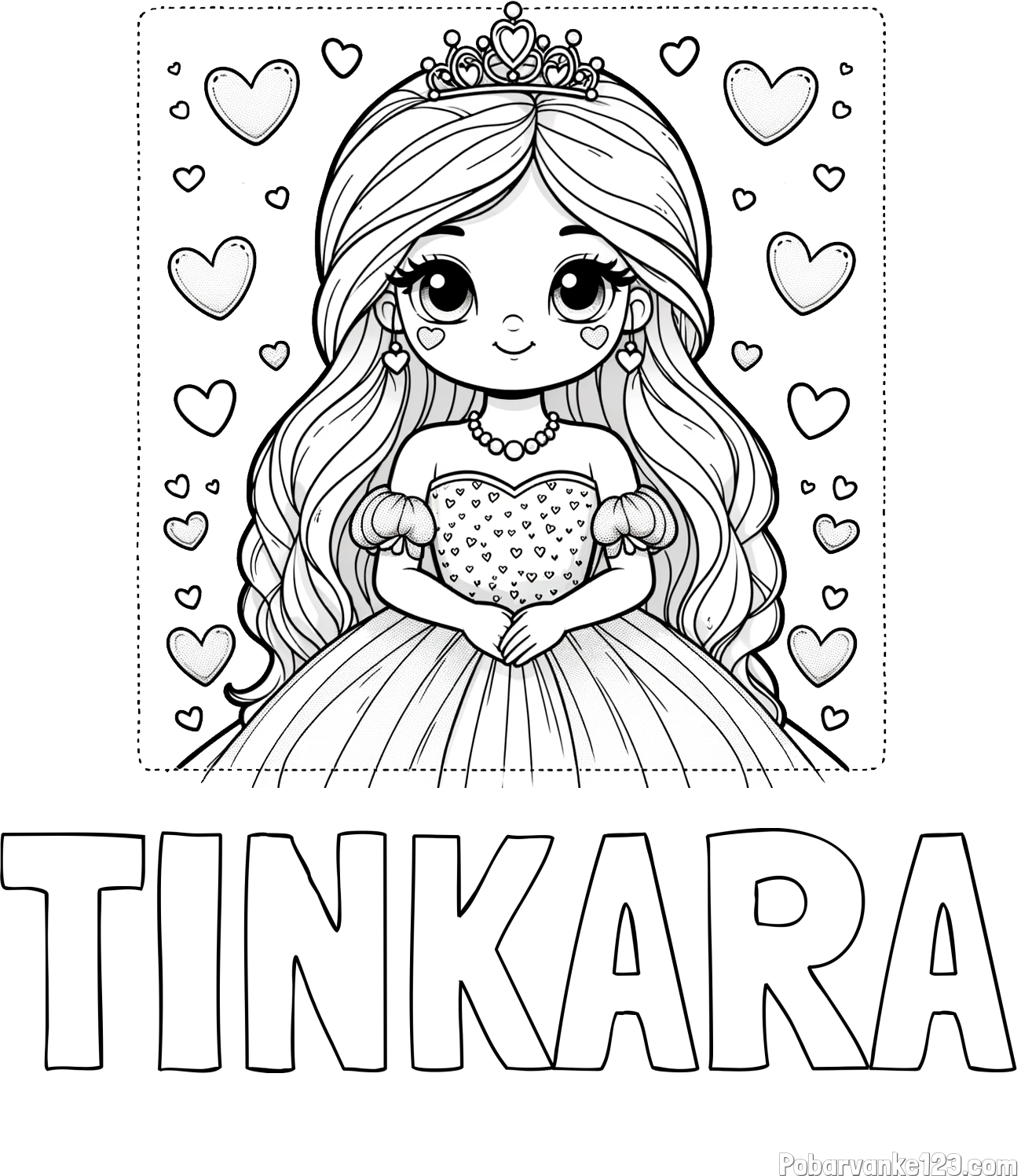 Pobarvanka imena TINKARA in pobarvanka ljubke princese obdane s srčki