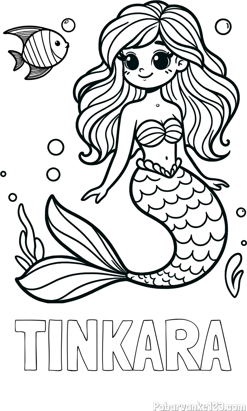 Pobarvanka imena TINKARA in pobarvanka male morske deklice in ribice