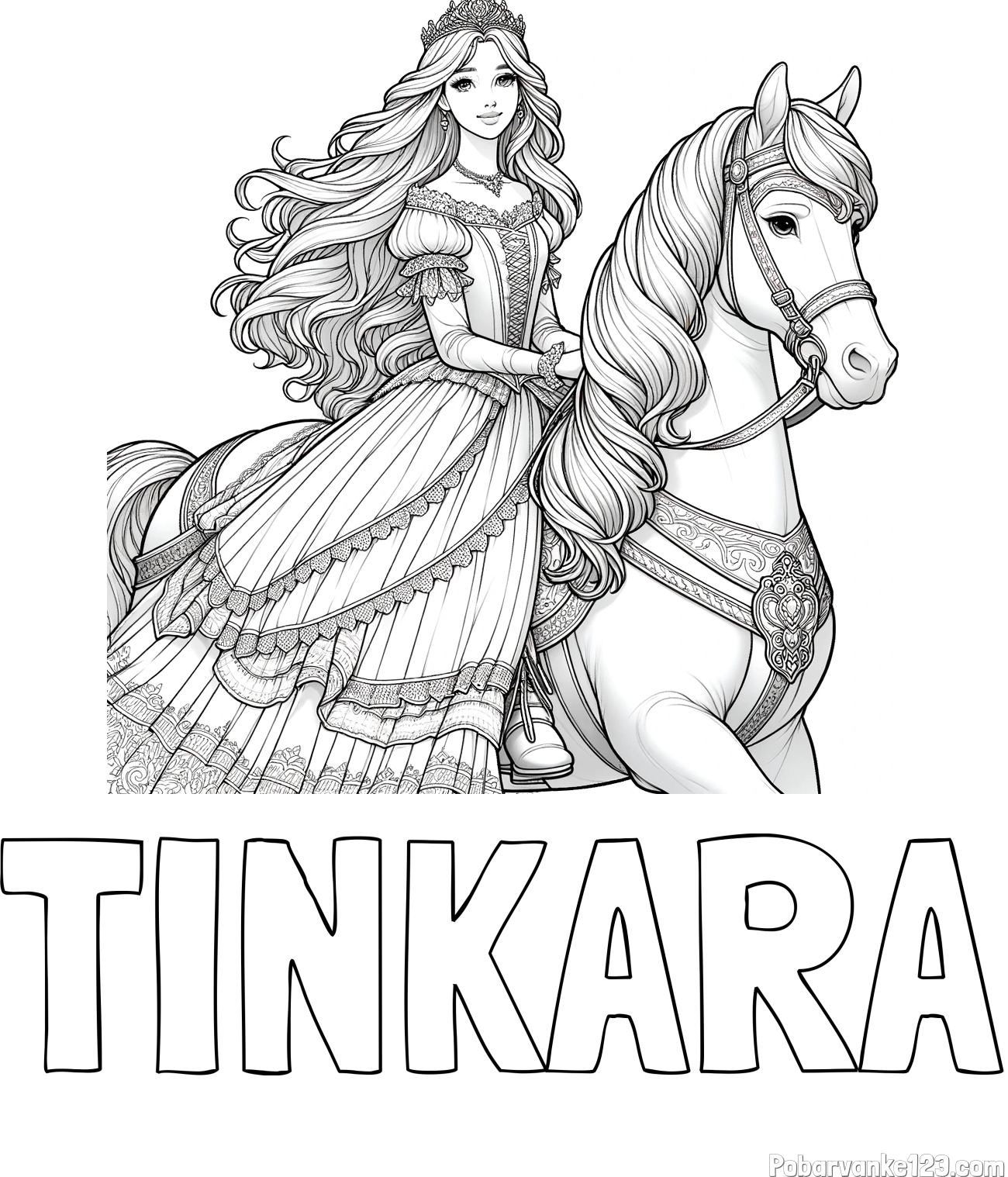 Pobarvanka imena TINKARA in pobarvanka nasmejana princese na konju