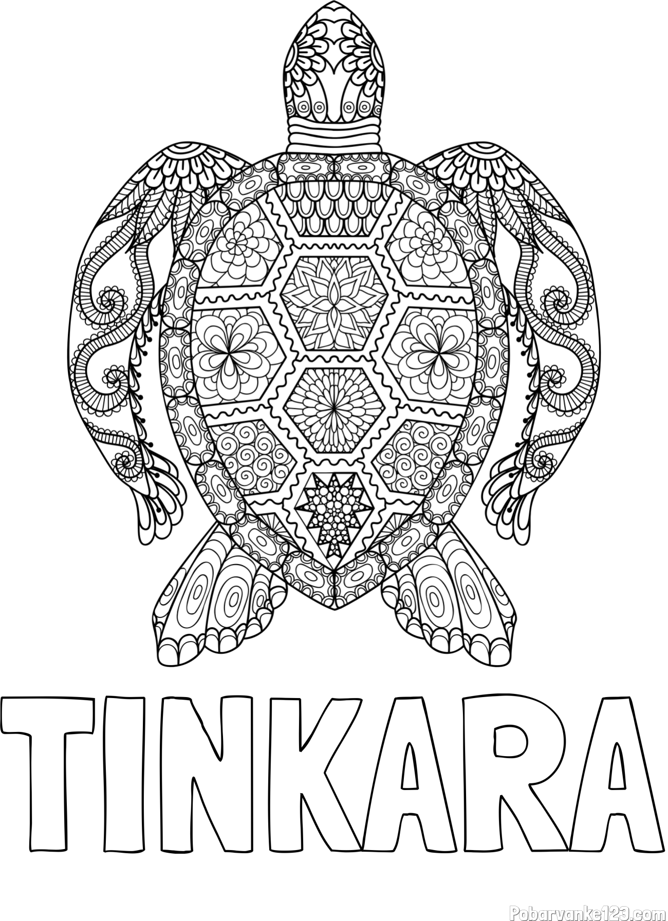 Pobarvanka imena TINKARA in pobarvanka želve - mandale