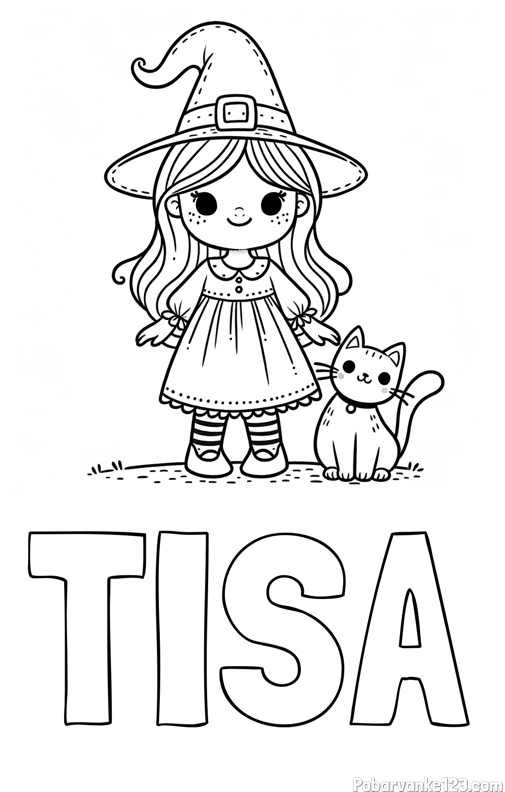 Pobarvanka imena TISA in Čudovita pobarvanka ljubke čarovnice in nasmejane mačke