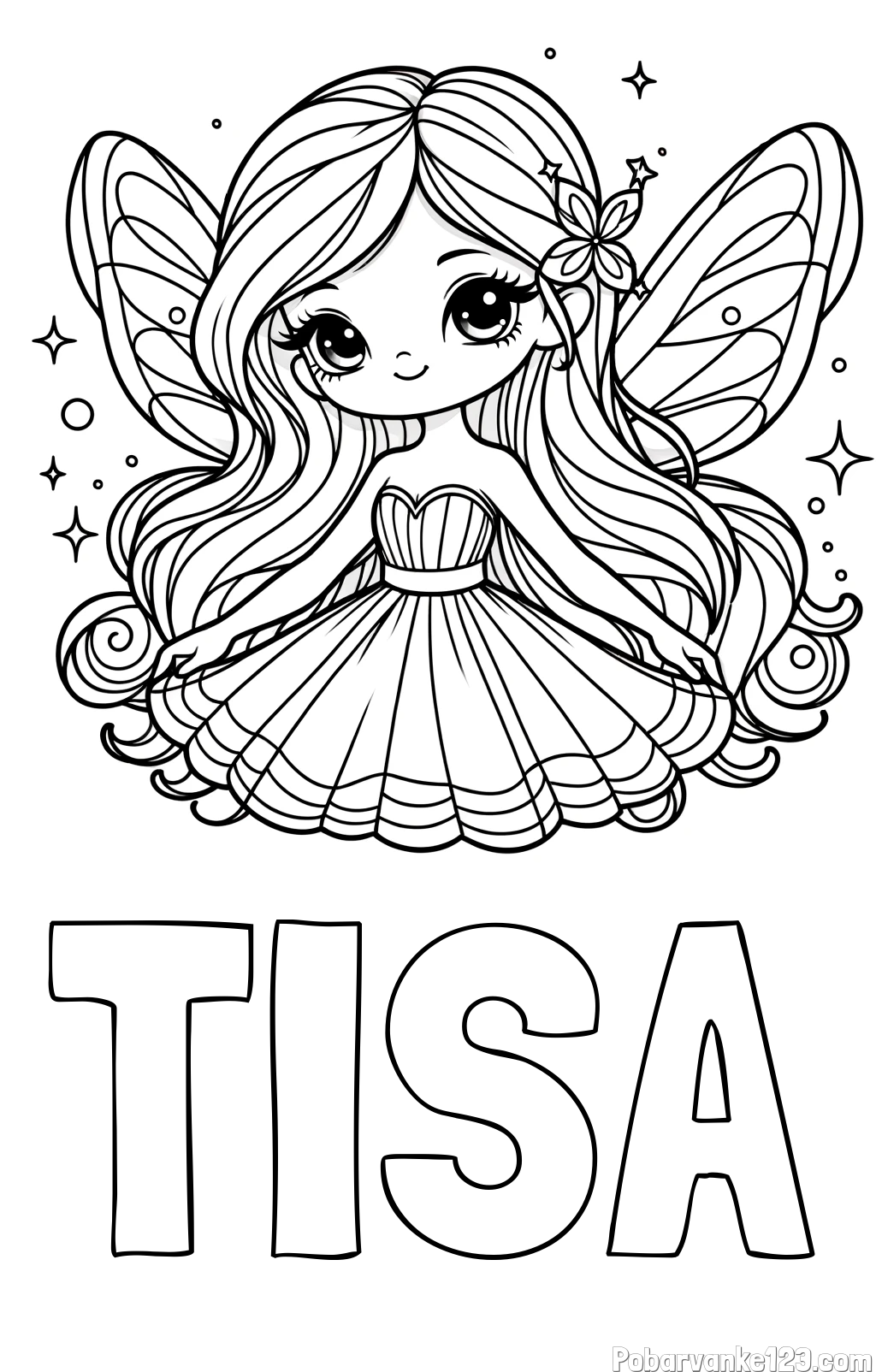 Pobarvanka imena TISA in pobarvanka ljubke in nasmejane čarobne vile