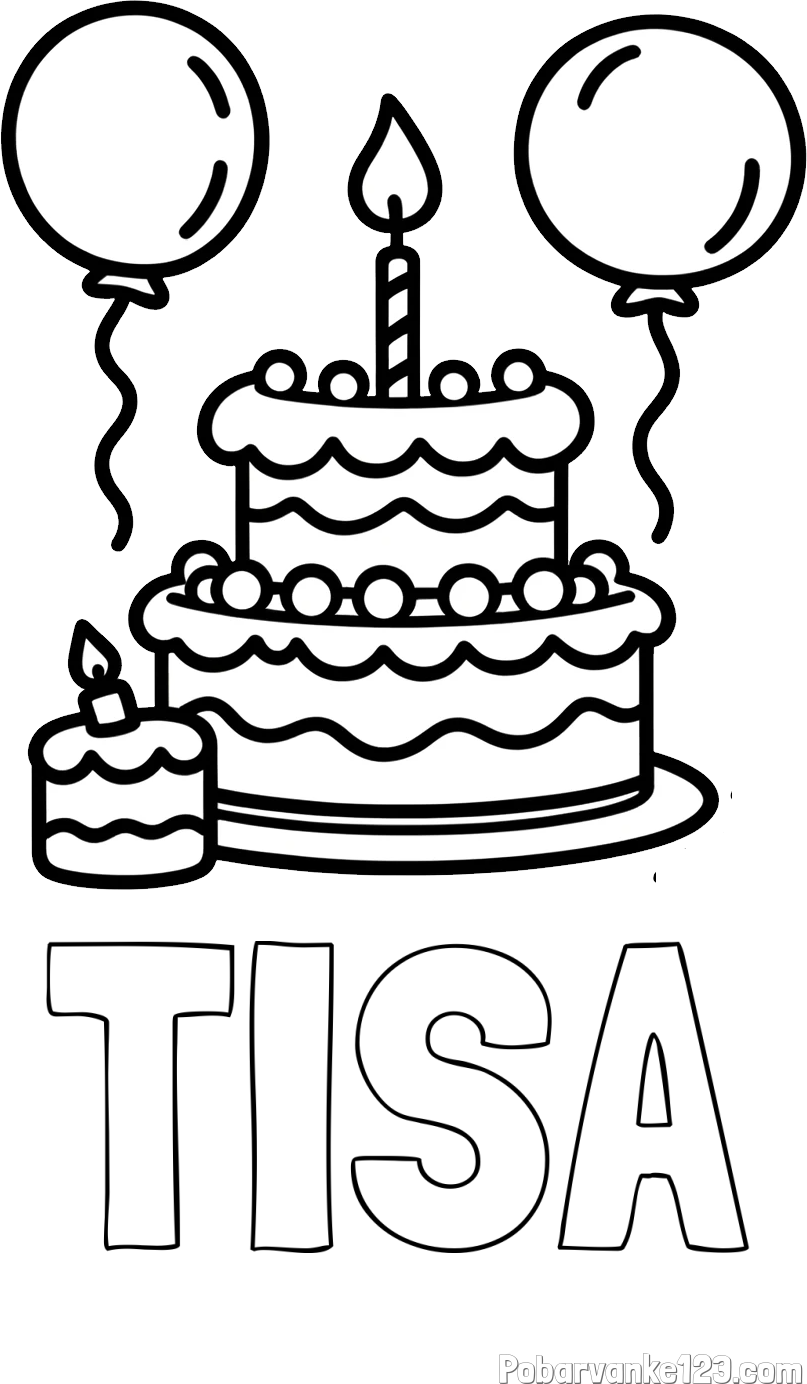 Pobarvanka imena TISA in pobarvanka velike rojstnodnevne torte