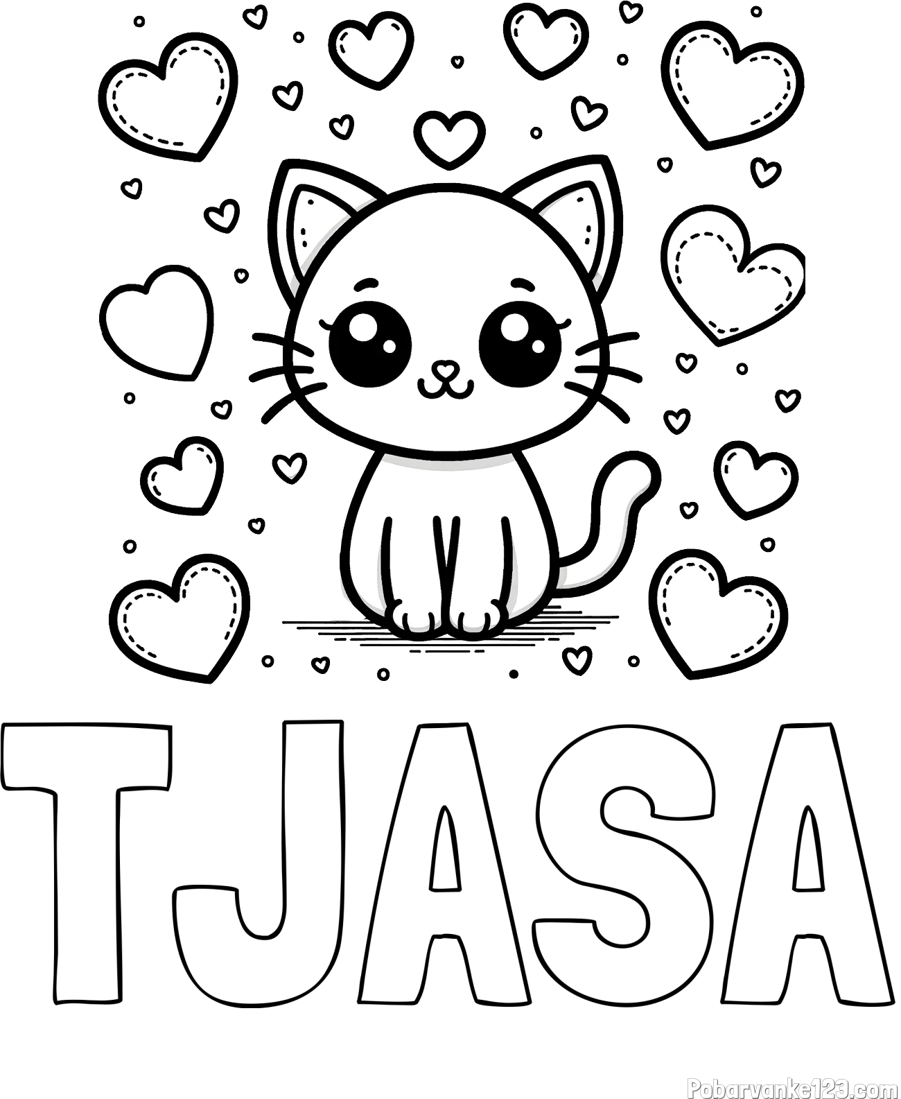 Pobarvanka imena TJAŠA in pobarvanka ljubke mucke obdane z veliko srčki