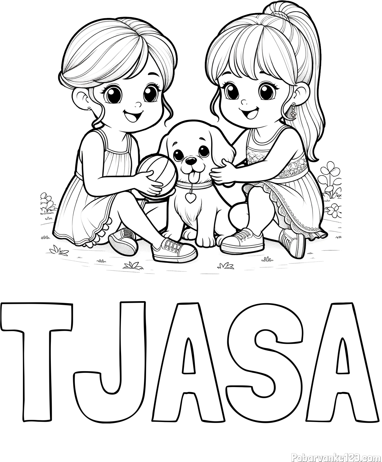 Pobarvanka imena TJAŠA in pobarvanka prijateljic s kužkom