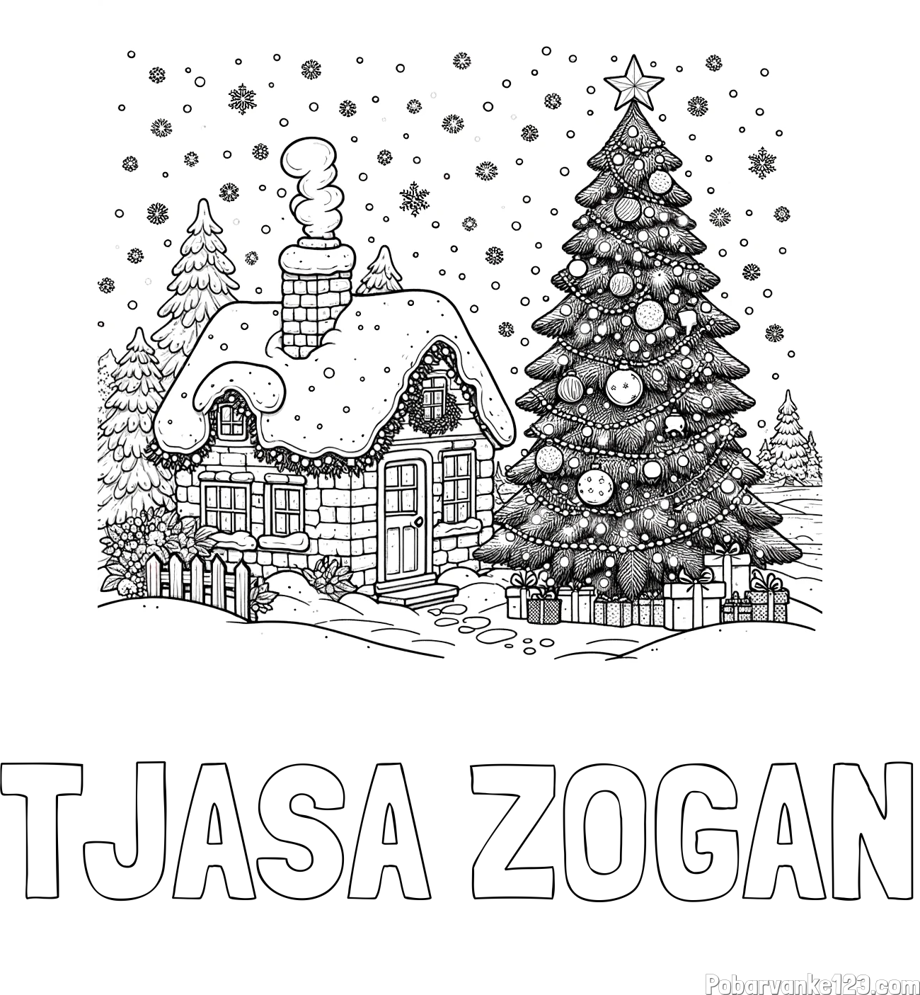 Pobarvanka imena TJAŠA ŽOGAN in pobarvanka zasnežene hiške na božično noč