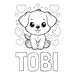 Online izdelana pobarvanka - Pobarvanka imena TOBI in pobarvanka ljubkega kužka obdanega s srčki