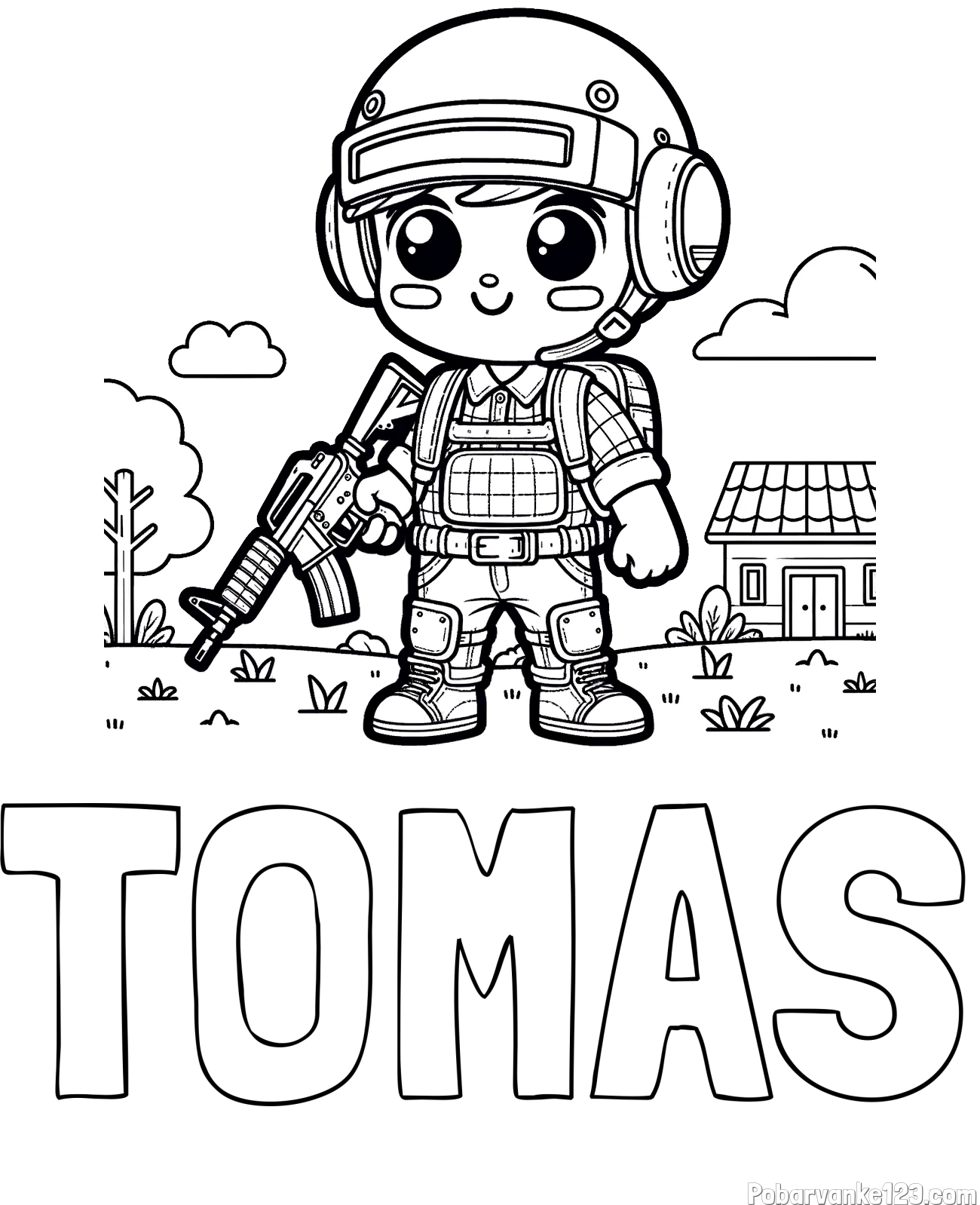 Pobarvanka imena TOMAS in preprosta otroška PUBG pobarvanka
