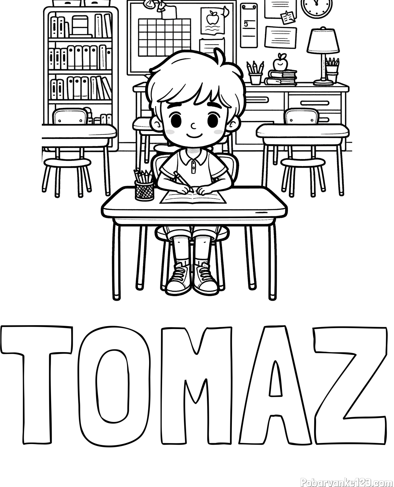 Pobarvanka imena TOMAZ in pobarvanka učenca v učilnici