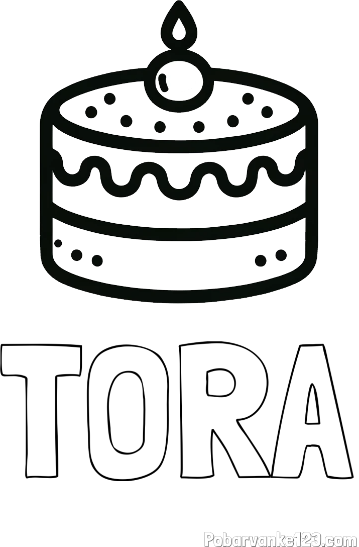Pobarvanka imena TORA in otroška pobarvanka majhne torte
