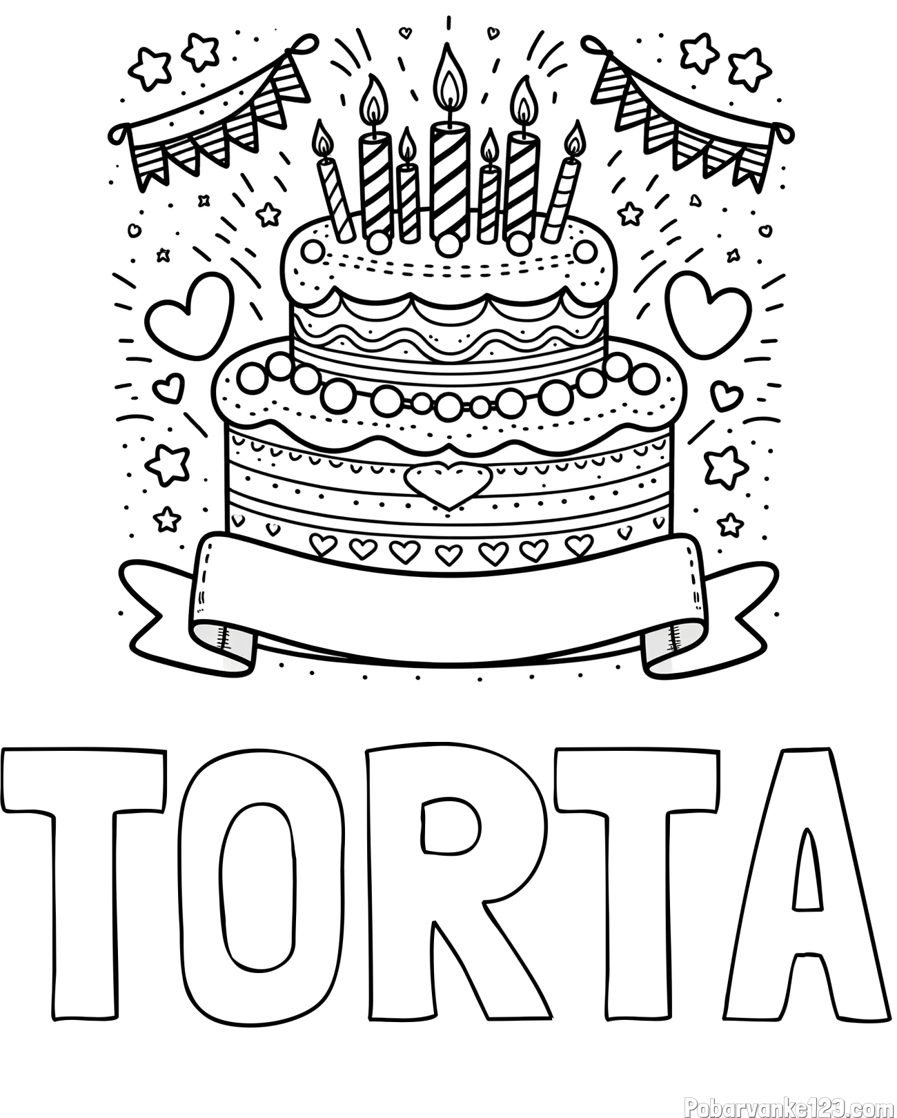 Pobarvanka imena TORTA in pobarvanka velike torte za rojstni dan