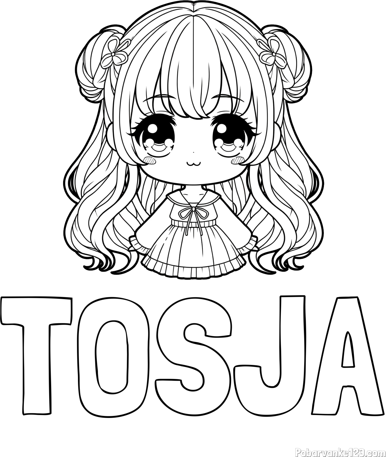 Pobarvanka imena TOSJA in pobarvanka prikupne punčke v anime slogu