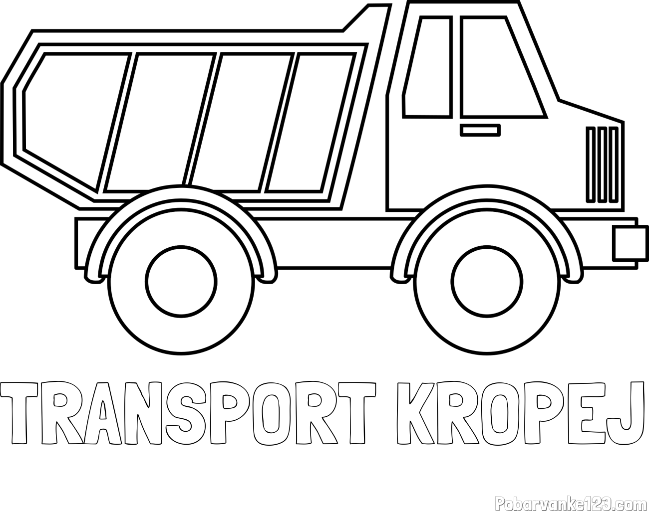 Pobarvanka imena TRANSPORT KROPEJ in otroška pobarvanka tovornjaka za prevoz smeti in drugega tovora