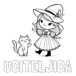 Online izdelana pobarvanka - Pobarvanka imena UČITELJICA in pobarvanka ljubke čarovnice ter podrednega mačka