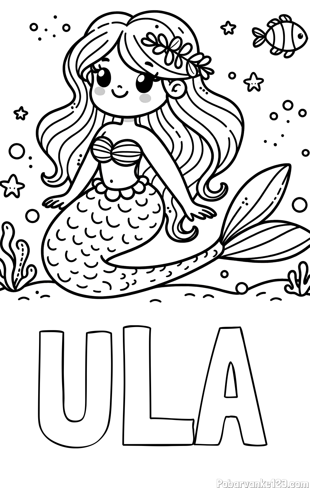 Pobarvanka imena ULA in pobarvanka ljubke morske deklice v morju