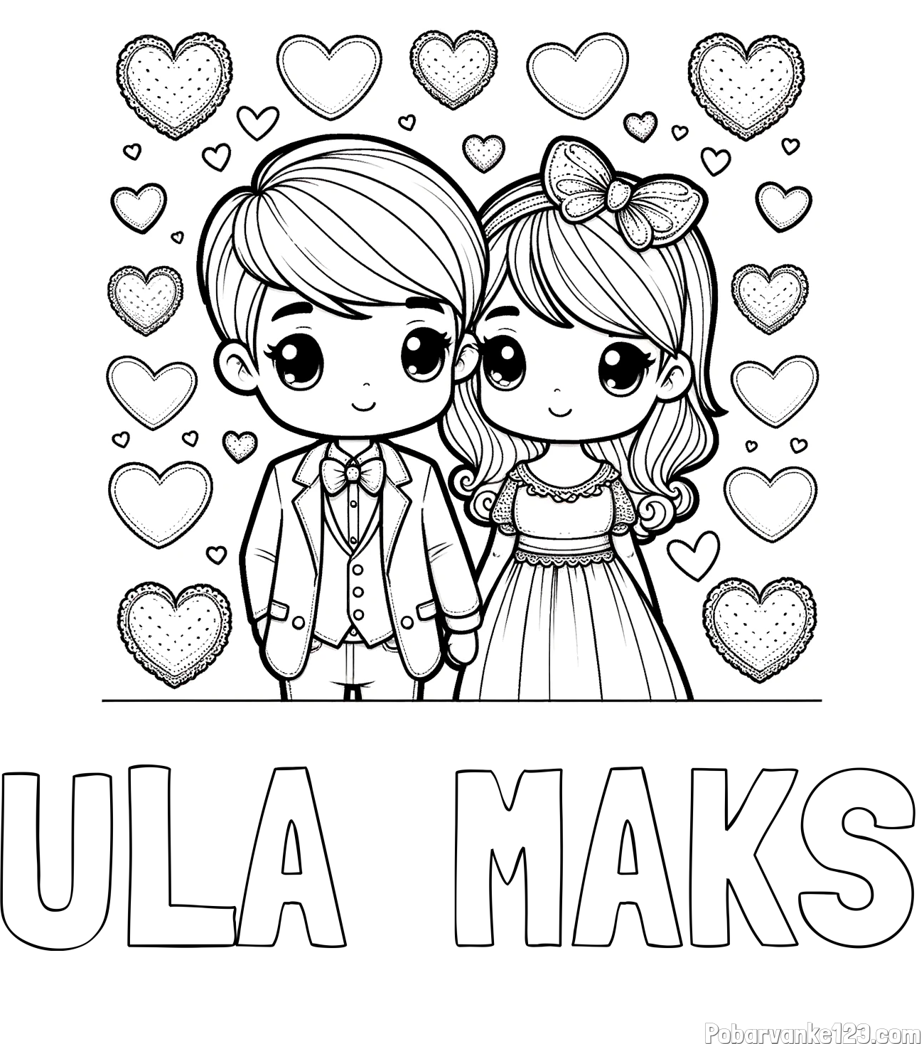 Pobarvanka imena ULA  MAKS in pobarvanka dveh zaljubljencev s srčki
